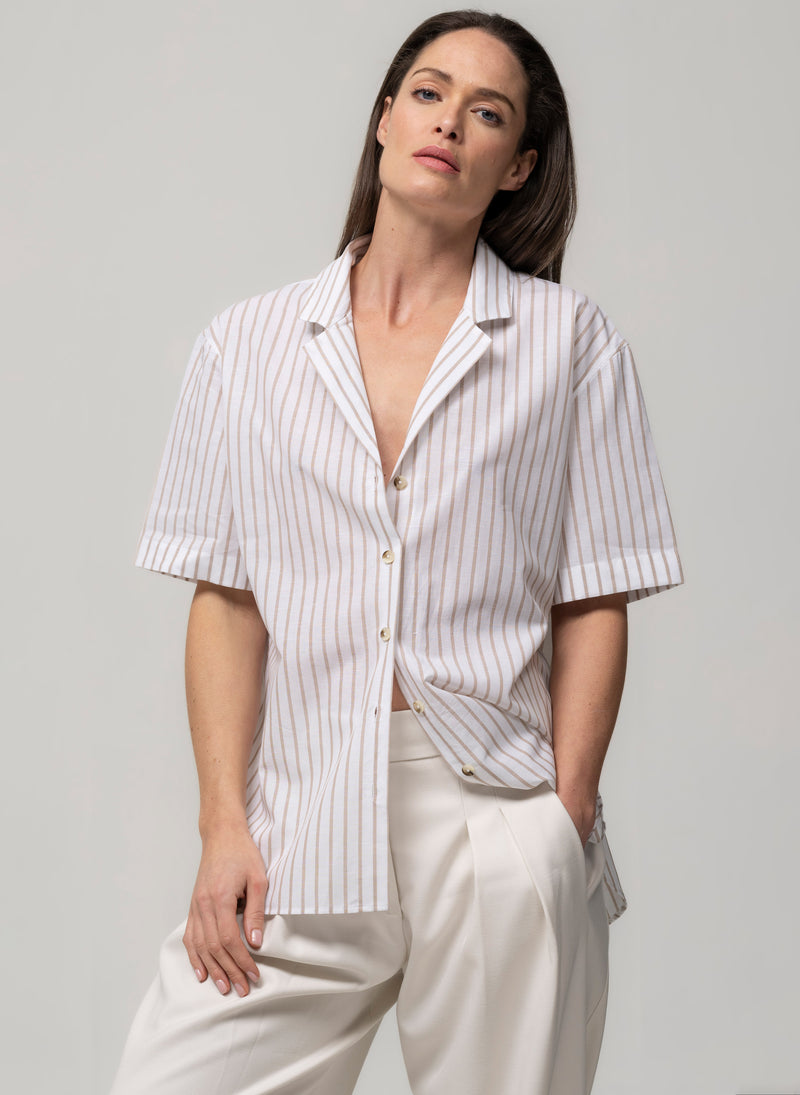 Malibu Beige & White Stripe Short Sleeve Cotton & Linen Holiday Shirt