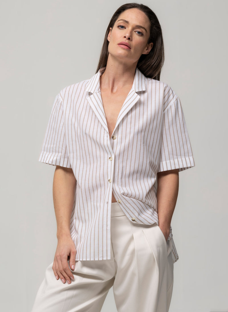 MALIBU BEIGE & WHITE STRIPE SHORT SLEEVE COTTON & LINEN HOLIDAY SHIRT WITH REVER COLLAR