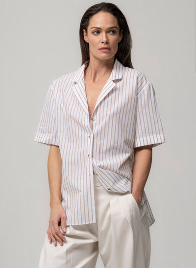 MALIBU BEIGE & WHITE STRIPE SHORT SLEEVE COTTON & LINEN HOLIDAY SHIRT WITH REVER COLLAR