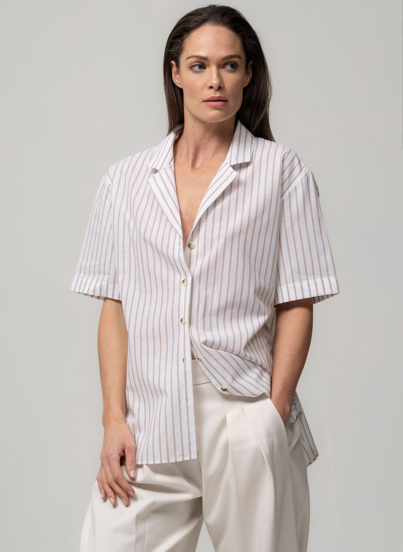 Malibu Beige & White Stripe Short Sleeve Cotton & Linen Holiday Shirt