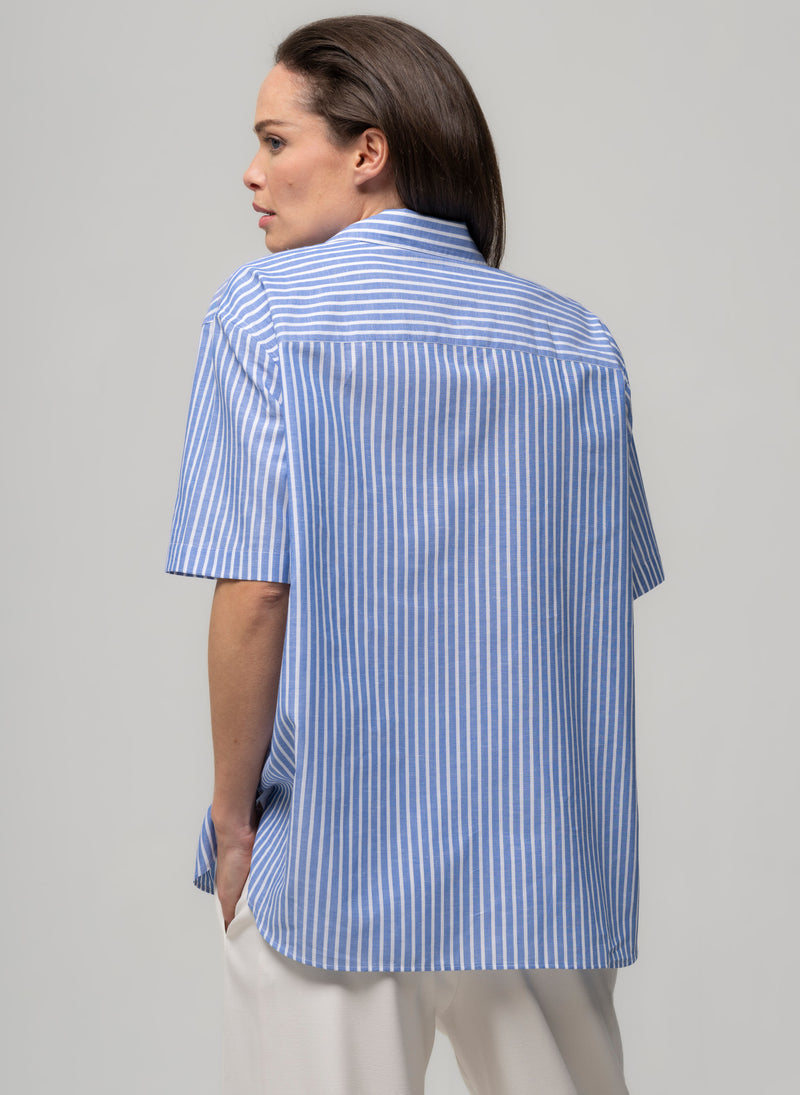 MALIBU BLUE & WHITE STRIPE SHORT SLEEVE COTTON & LINEN HOLIDAY SHIRT WITH REVER COLLAR