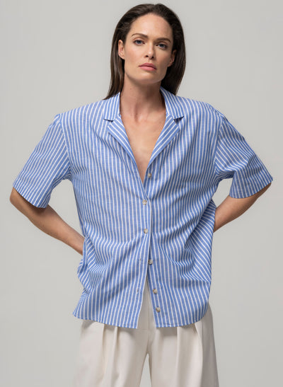 MALIBU BLUE & WHITE STRIPE SHORT SLEEVE COTTON & LINEN HOLIDAY SHIRT WITH REVER COLLAR