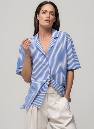 MALIBU BLUE & WHITE STRIPE SHORT SLEEVE COTTON & LINEN HOLIDAY SHIRT WITH REVER COLLAR