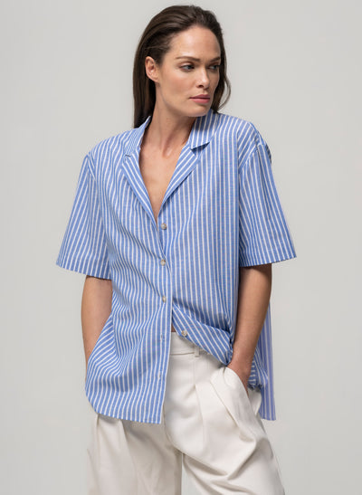 MALIBU BLUE & WHITE STRIPE SHORT SLEEVE COTTON & LINEN HOLIDAY SHIRT WITH REVER COLLAR