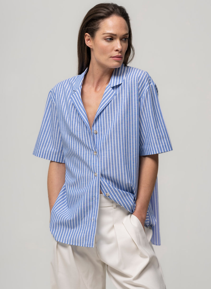 Malibu Blue & White Stripe Short Sleeve Cotton & Linen Holiday Shirt