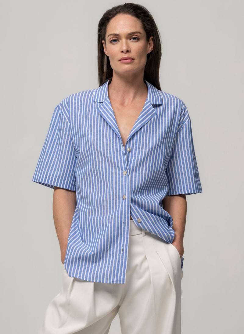 MALIBU BLUE & WHITE STRIPE SHORT SLEEVE COTTON & LINEN HOLIDAY SHIRT WITH REVER COLLAR