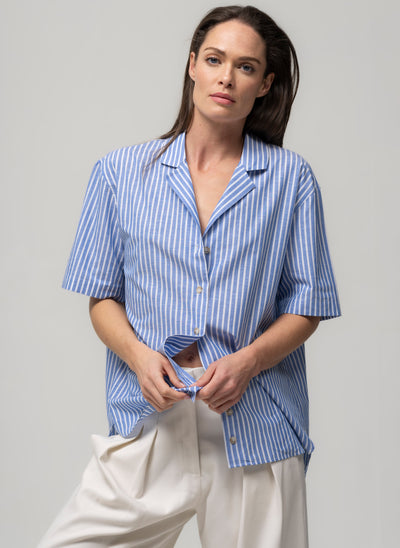 MALIBU BLUE & WHITE STRIPE SHORT SLEEVE COTTON & LINEN HOLIDAY SHIRT WITH REVER COLLAR