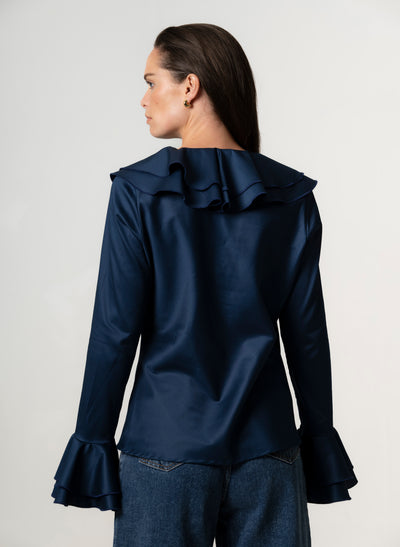 Marcella Navy Ruffle Pop-over Cotton Blouse