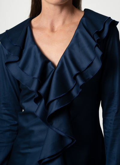 Marcella Navy Ruffle Pop-over Cotton Blouse