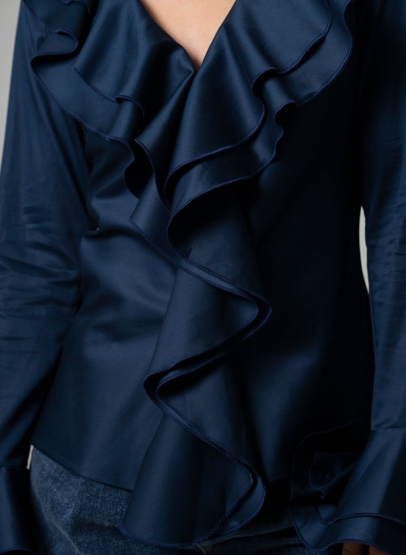 Marcella Navy Ruffle Pop-over Cotton Blouse
