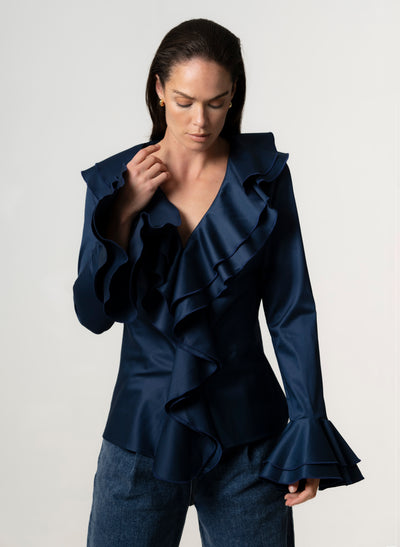 Marcella Navy Ruffle Pop-over Cotton Blouse