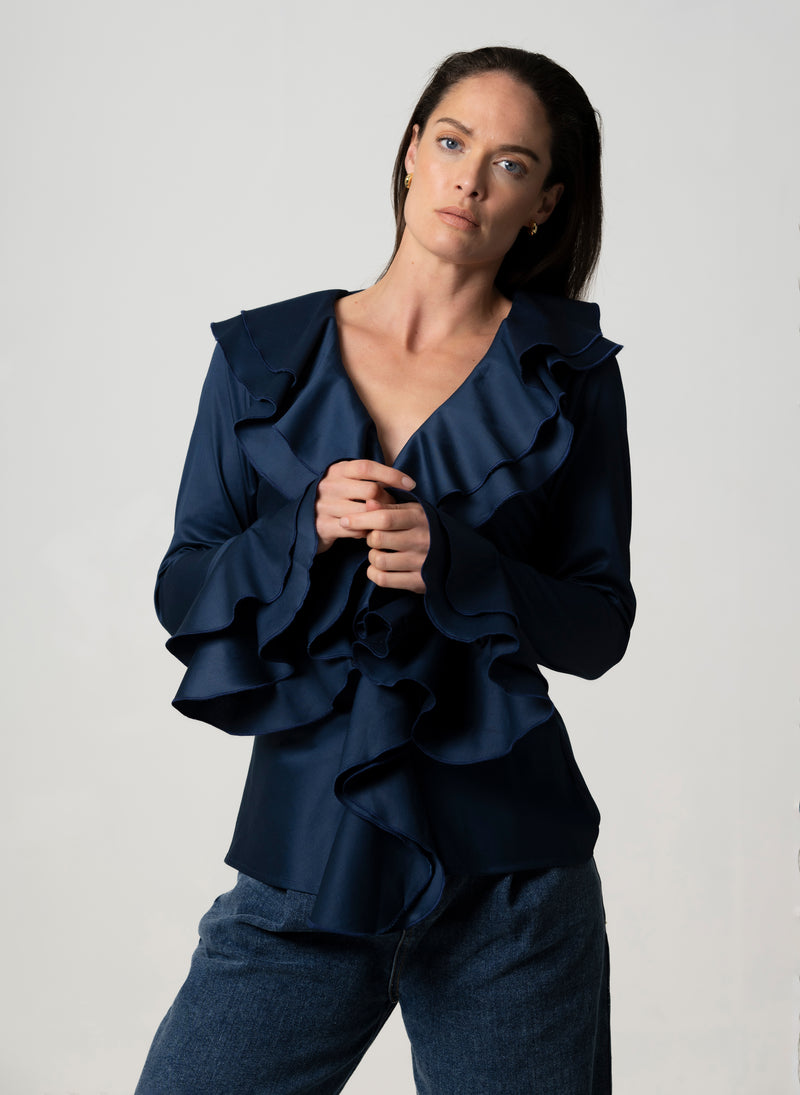 Marcella Navy Ruffle Pop-over Cotton Blouse