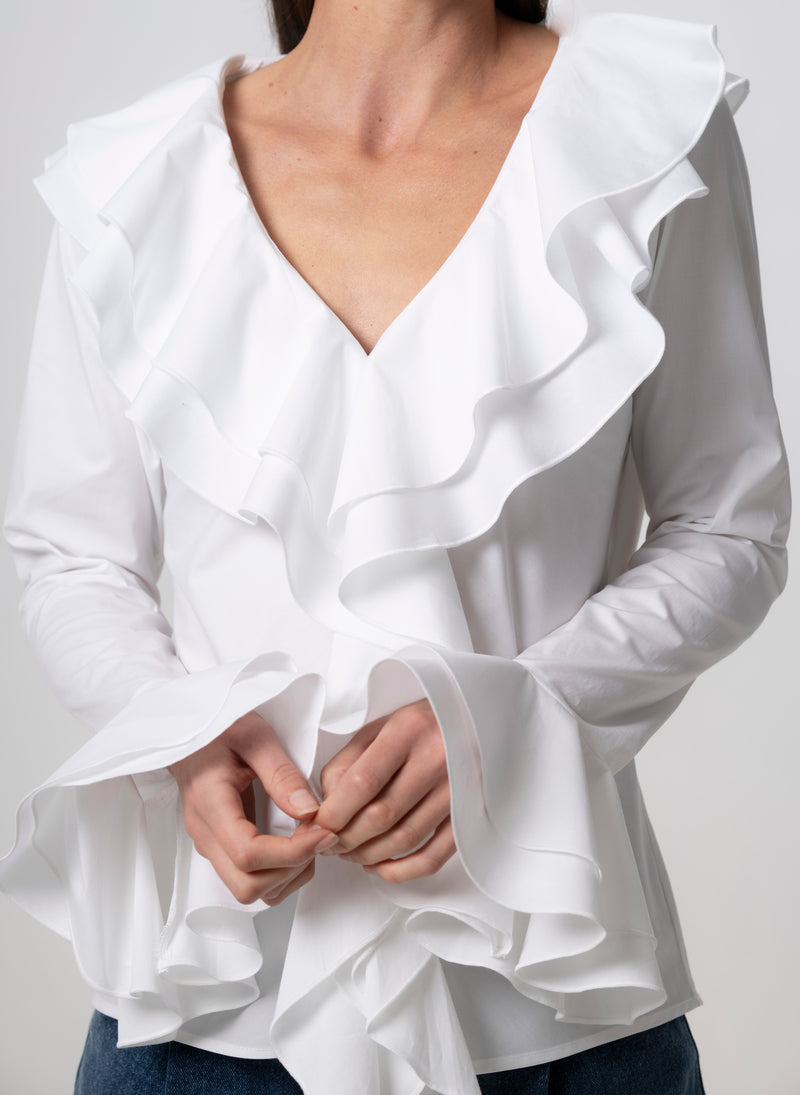 Marcella White Ruffle Pop-over Cotton Blouse – The Shirt Company