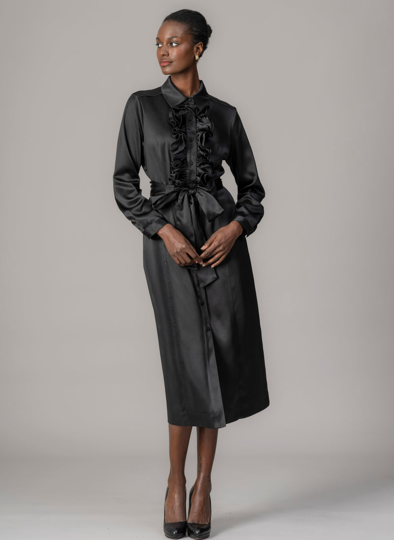Maria Black Long Sleeve Frill Front Midi Shirt Dress