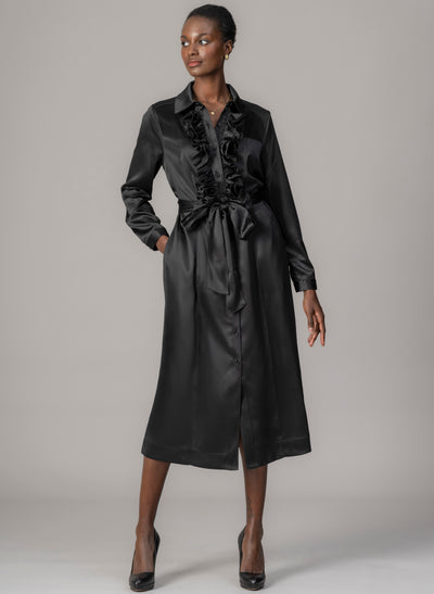 Maria Black Long Sleeve Frill Front Midi Shirt Dress