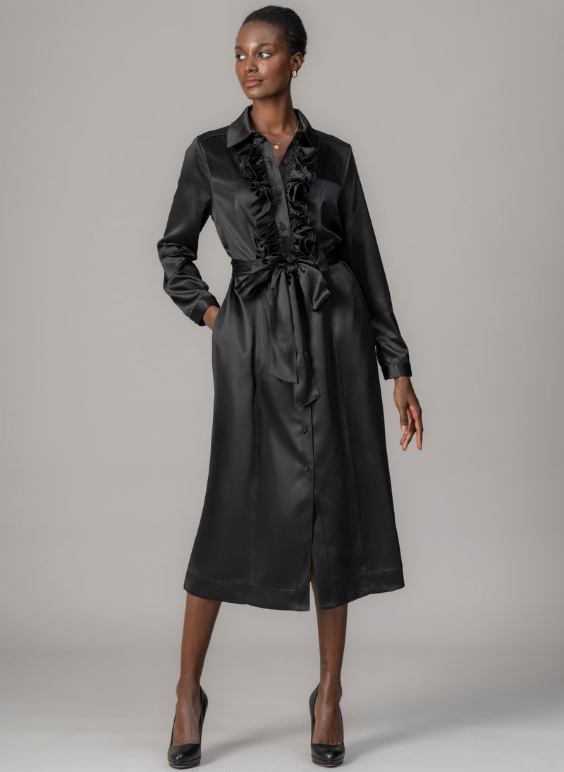 Maria Black Long Sleeve Frill Front Midi Shirt Dress