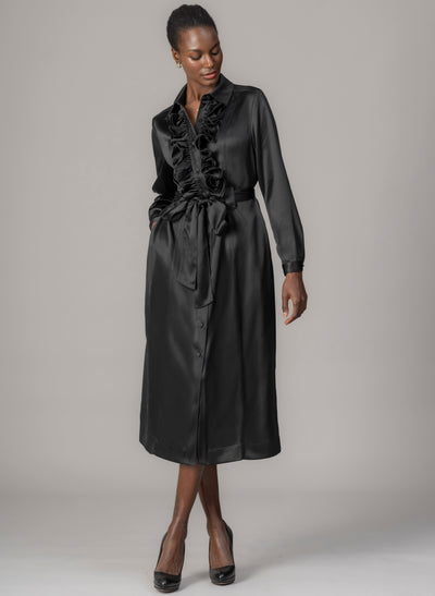 Maria Black Long Sleeve Frill Front Midi Shirt Dress