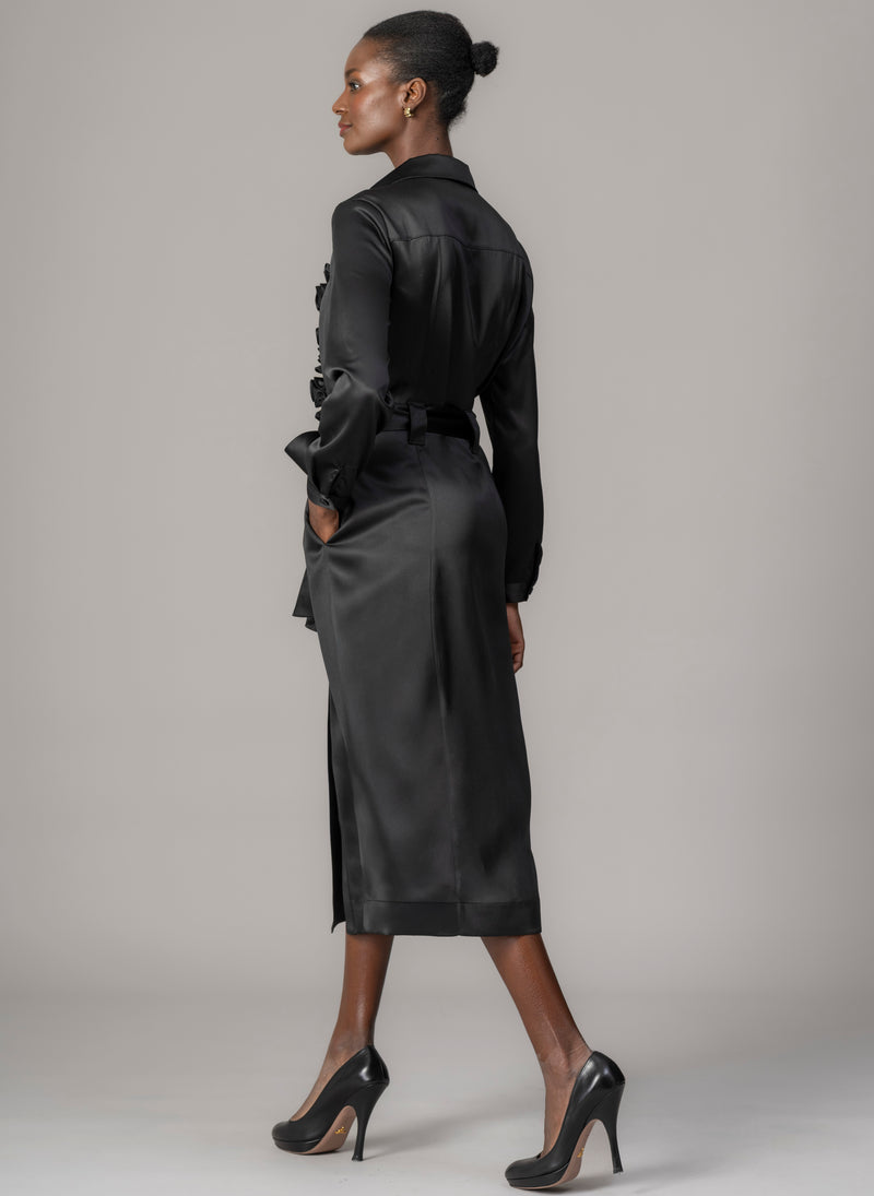 Maria Black Long Sleeve Frill Front Midi Shirt Dress