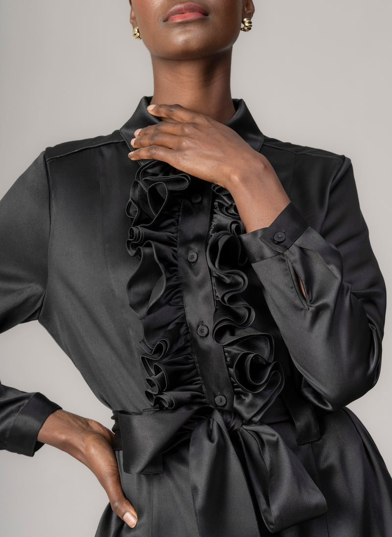 Maria Black Long Sleeve Frill Front Midi Shirt Dress