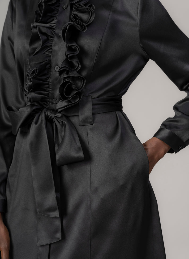 Maria Black Long Sleeve Frill Front Midi Shirt Dress
