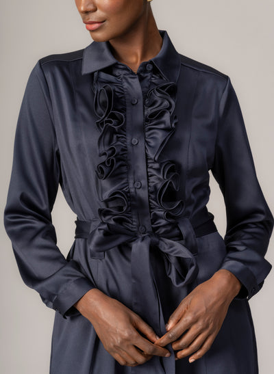 Maria Navy Long Sleeve Frill Front Midi Shirt Dress