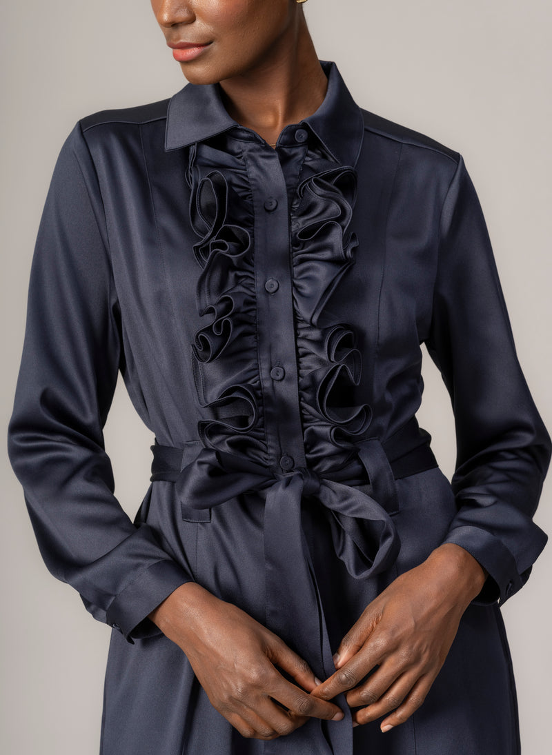 Maria Navy Long Sleeve Frill Front Midi Shirt Dress
