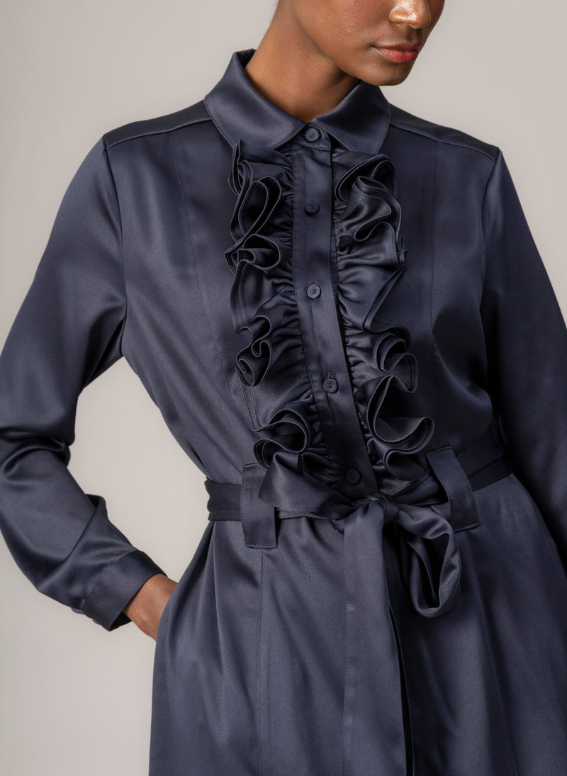 Maria Navy Long Sleeve Frill Front Midi Shirt Dress