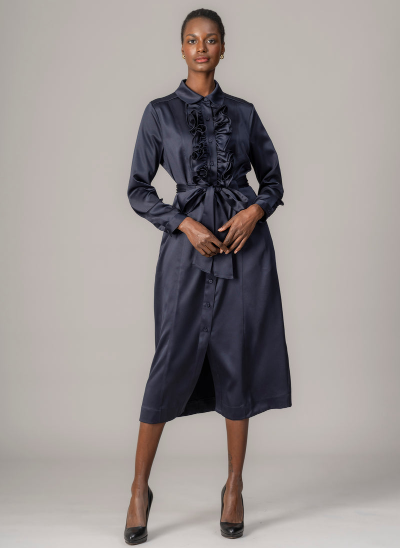 Maria Navy Long Sleeve Frill Front Midi Shirt Dress