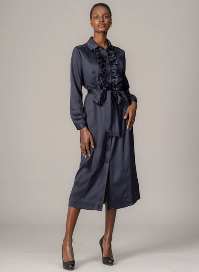 Maria Navy Long Sleeve Frill Front Midi Shirt Dress