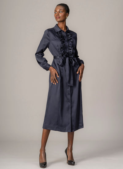Maria Navy Long Sleeve Frill Front Midi Shirt Dress