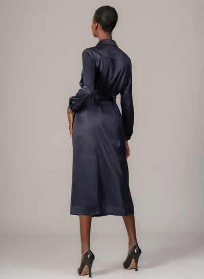 Maria Navy Long Sleeve Frill Front Midi Shirt Dress