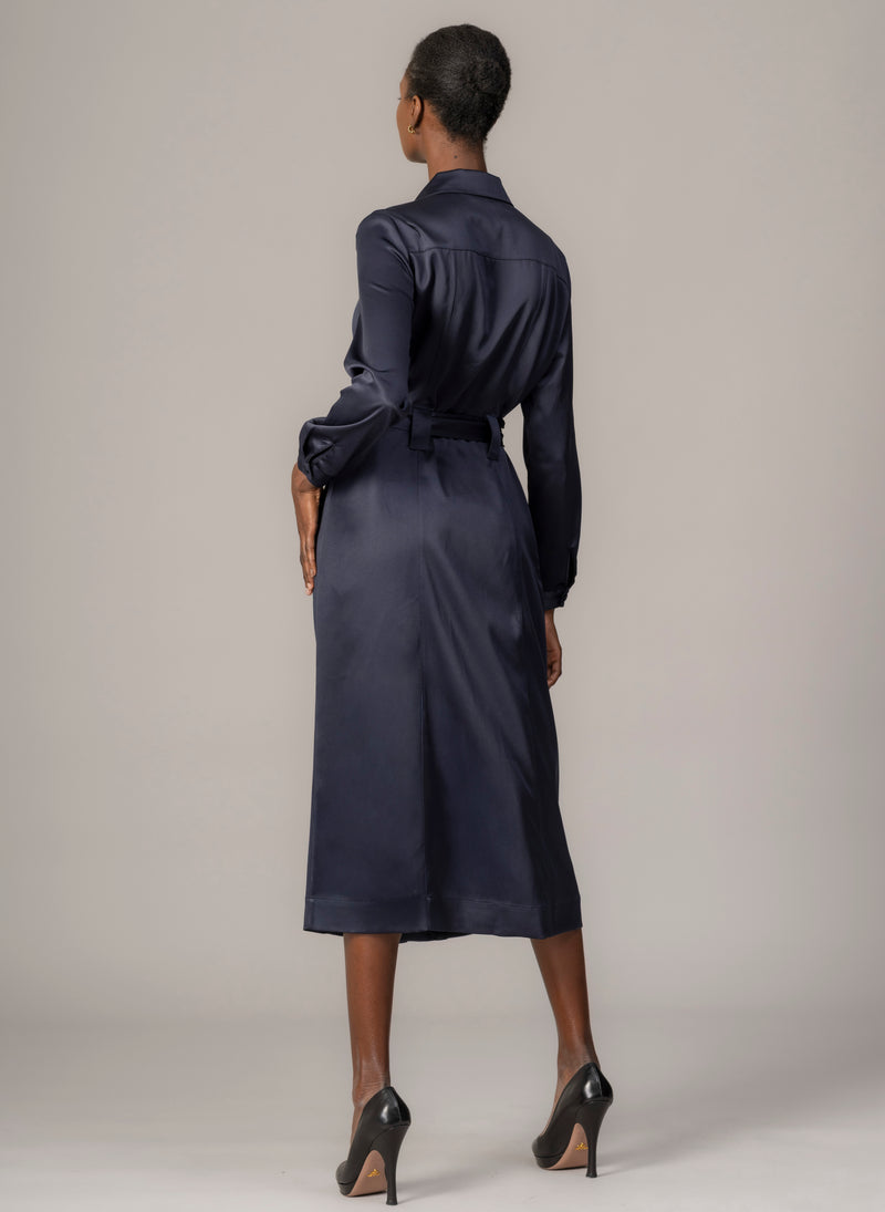 Maria Navy Long Sleeve Frill Front Midi Shirt Dress