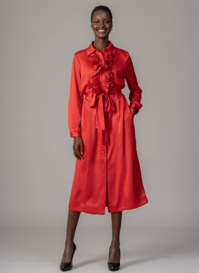 Maria Red Long Sleeve Frill Front Midi Shirt Dress