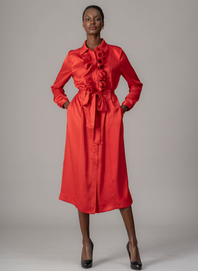 Maria Red Long Sleeve Frill Front Midi Shirt Dress