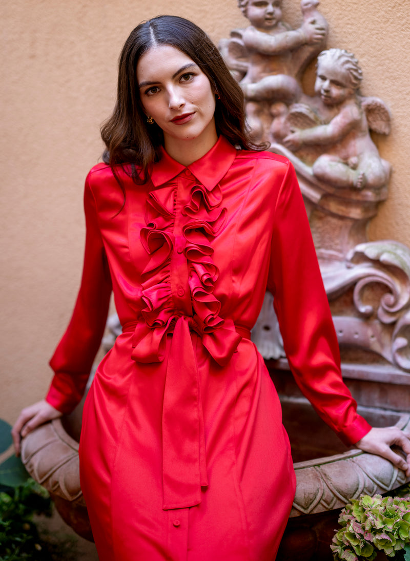 Maria Red Long Sleeve Frill Front Midi Shirt Dress