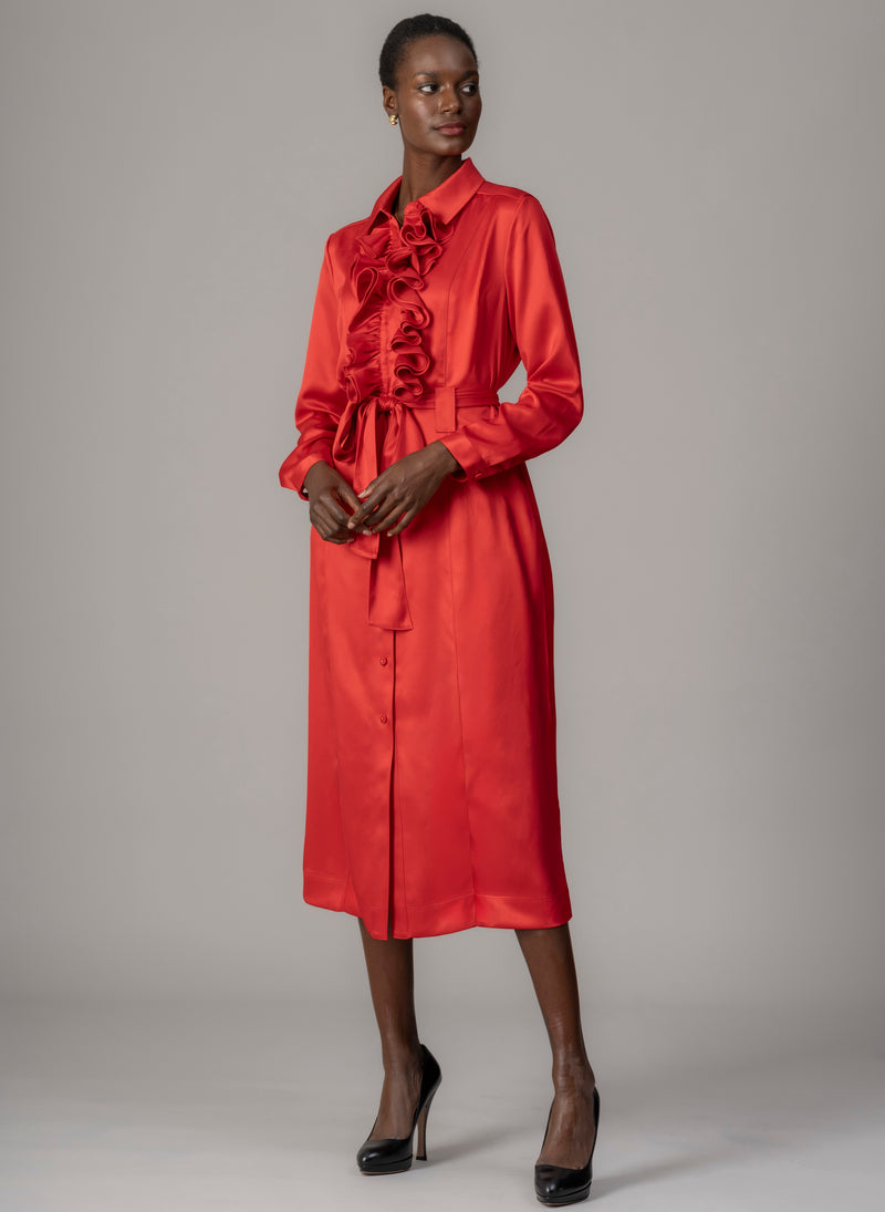Maria Red Long Sleeve Frill Front Midi Shirt Dress