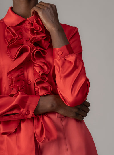 Maria Red Long Sleeve Frill Front Midi Shirt Dress