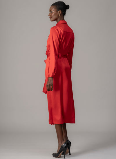 Maria Red Long Sleeve Frill Front Midi Shirt Dress