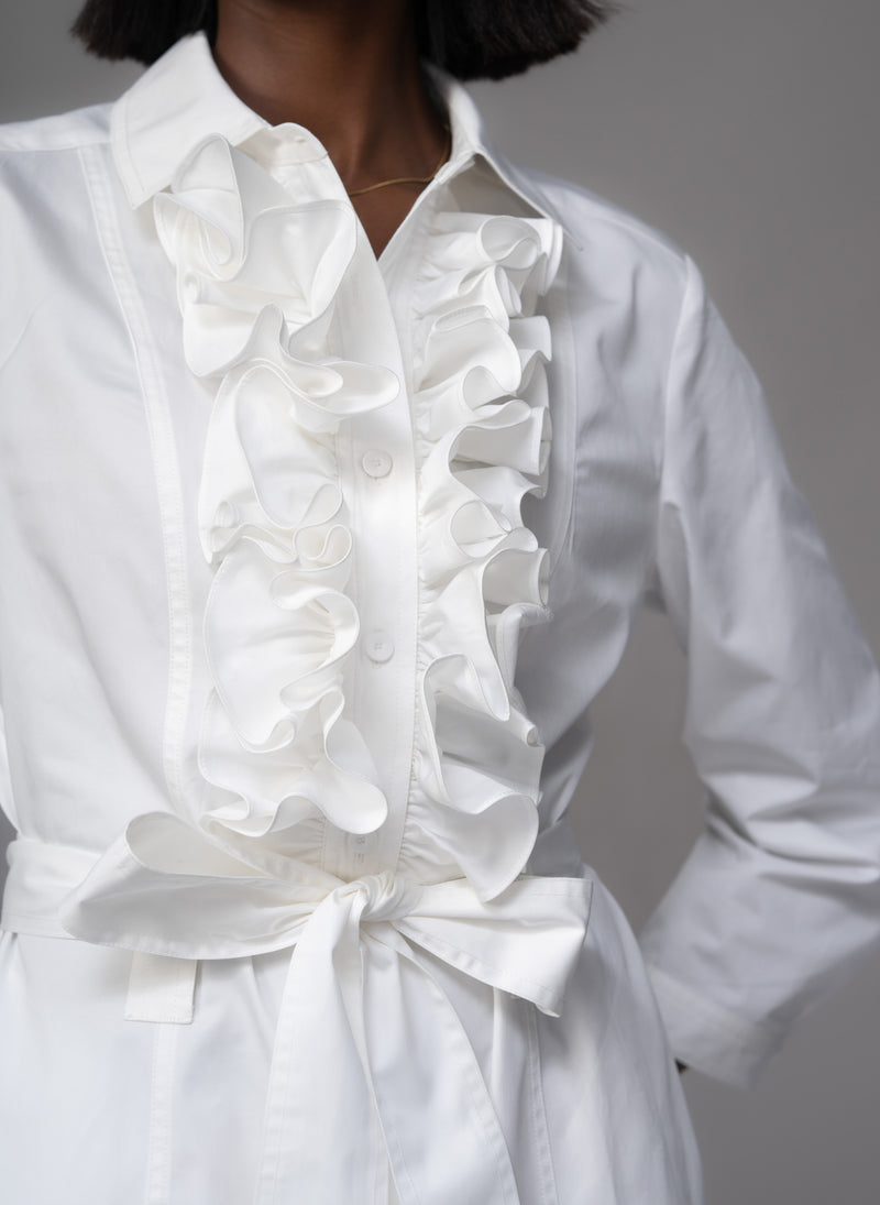 Maria White Frill Front Straight Skirt Shirt Dress