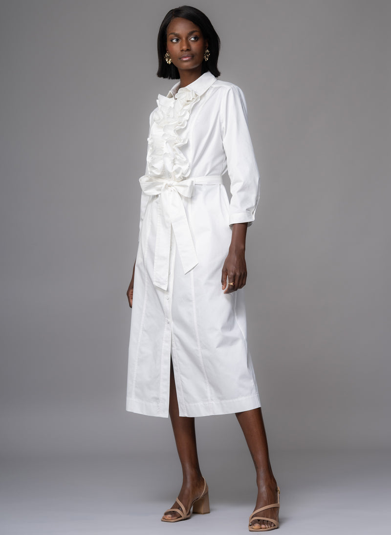 Maria White Frill Front Straight Skirt Shirt Dress
