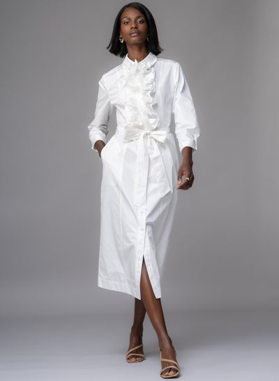 Maria White Frill Front Straight Skirt Shirt Dress