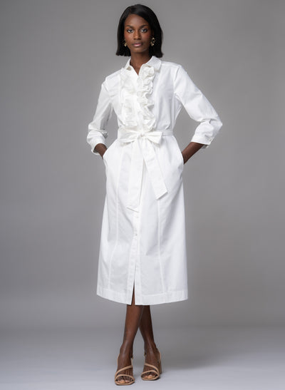 Maria White Frill Front Straight Skirt Shirt Dress
