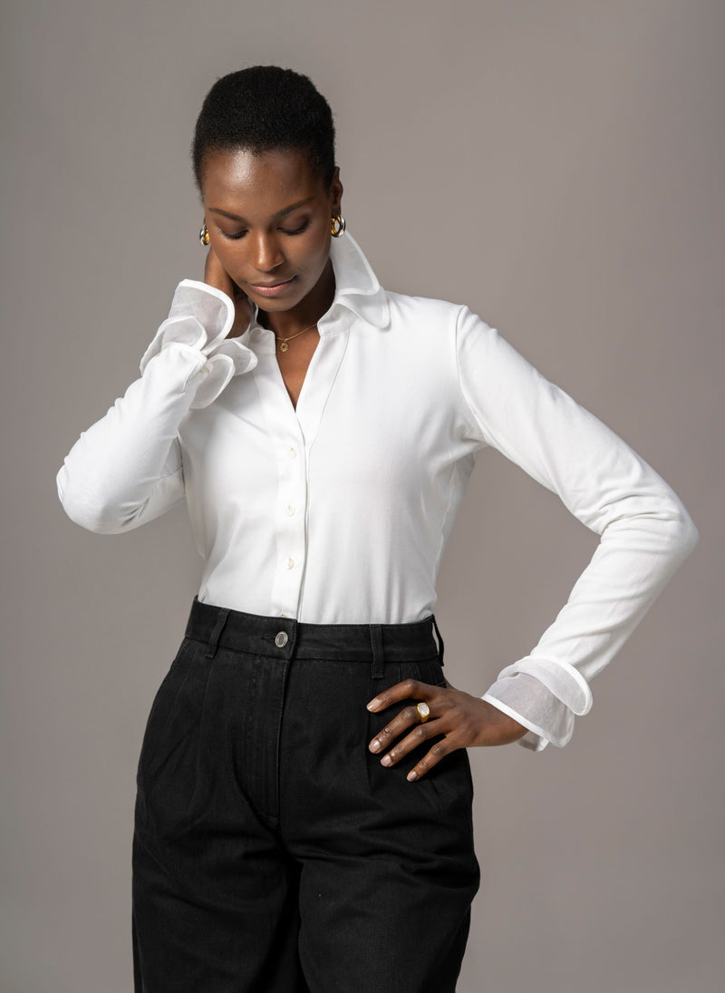 Marica White V-Neck Jersey Shirt with Organdie Trim