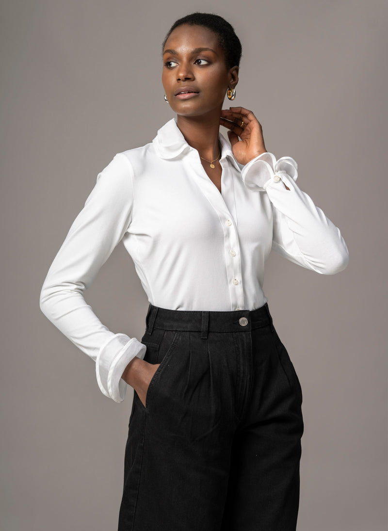 Marica White V-Neck Jersey Shirt with Organdie Trim