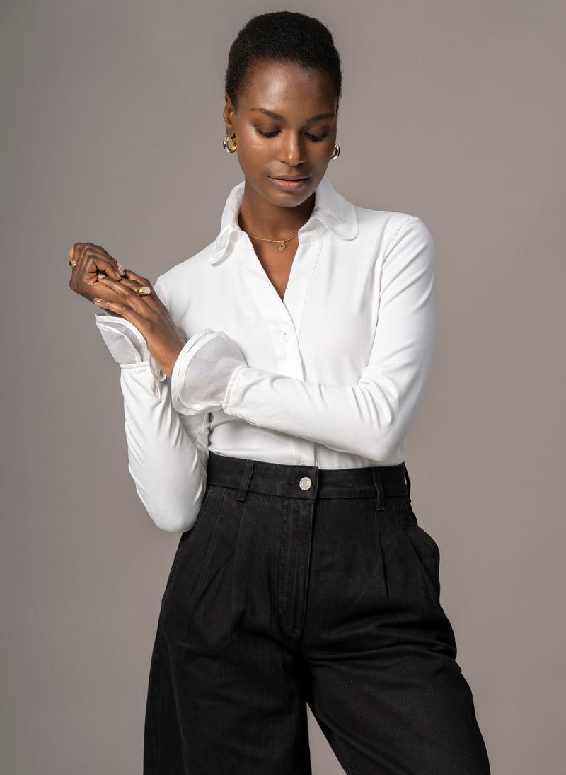 Marica White V-Neck Jersey Shirt with Organdie Trim