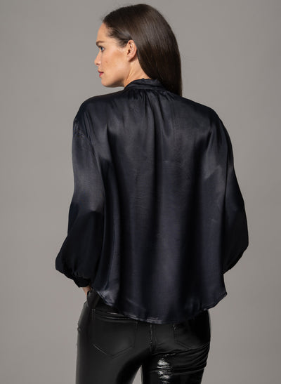 MARY BLACK OVERSIZED PUSSYBOW FLOWING SATIN BLOUSE