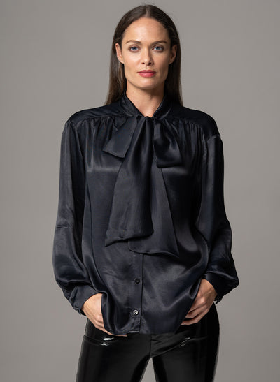 MARY BLACK OVERSIZED PUSSYBOW FLOWING SATIN BLOUSE