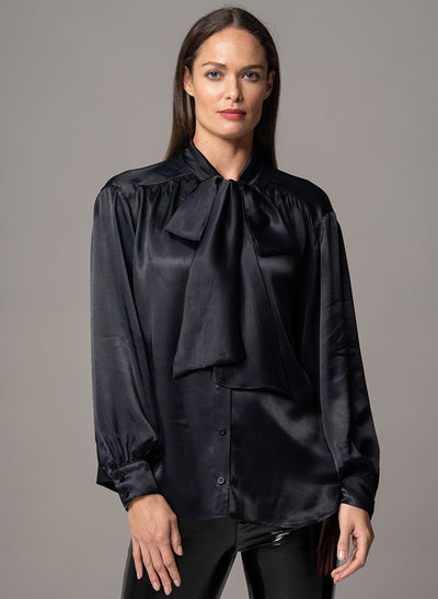 MARY BLACK OVERSIZED PUSSYBOW FLOWING SATIN BLOUSE