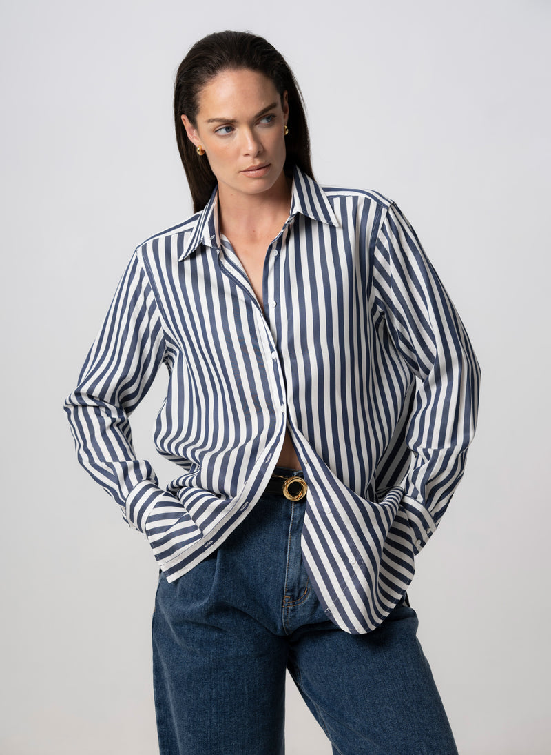 Max Navy Stripe Relaxed Fit Shirt in Tencel