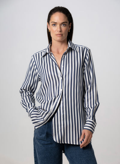 Max Navy Stripe Relaxed Fit Shirt in Tencel